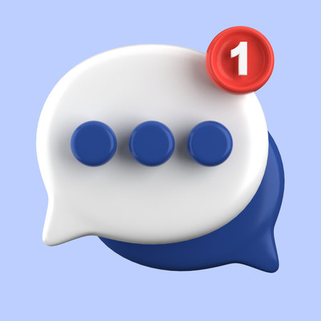3d render of speech bubble with one red button on blue backgroundの写真素材