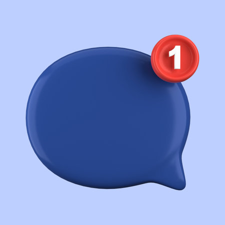 Blue Speech Bubble with Red Button Isolated on Blue Background. 3d Rendering