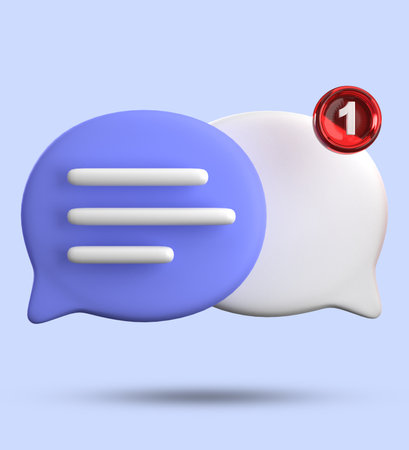 Speech bubble with red button on blue background. 3D renderingの写真素材