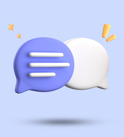 Speech bubble icon. 3D illustration isolated on blue background.の写真素材