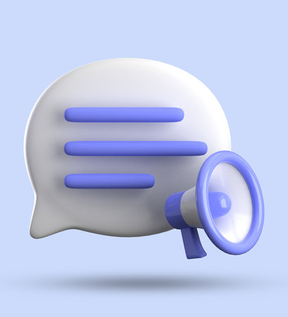 Speech bubble with megaphone isolated on blue background. 3d illustrationの写真素材
