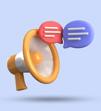 Megaphone with speech bubbles isolated on blue background. 3d illustrationの写真素材