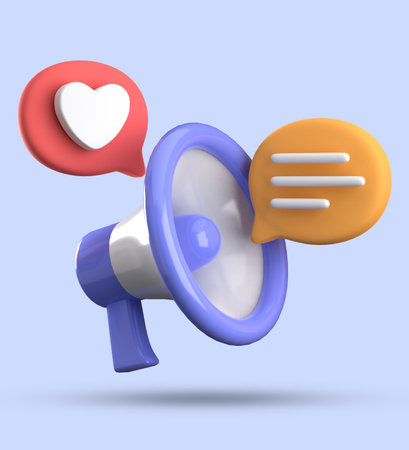 Megaphone with speech bubbles isolated on blue background. 3d illustrationの写真素材