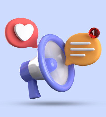 Megaphone with heart icon. 3d illustration. Social media concept.の写真素材