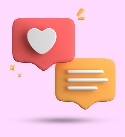 Speech bubble with heart icon isolated on pink background. 3d renderの写真素材