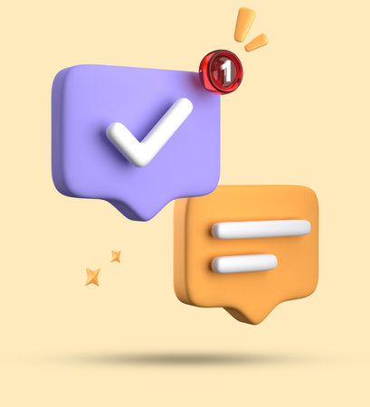 3D render of a speech bubble with thumbs up and tick mark.の写真素材
