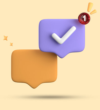 3d rendering of a speech bubble with a check mark and a buttonの写真素材