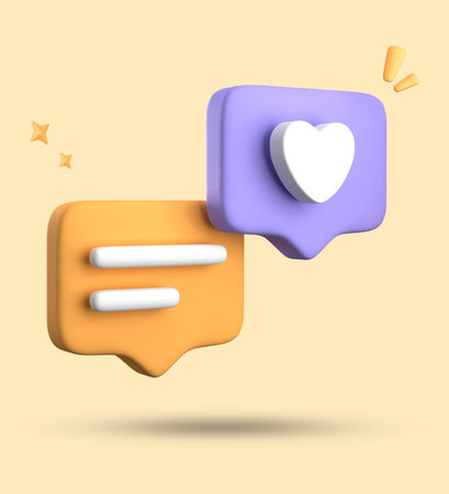 Colorful 3d speech bubble with heart icon. Vector illustration.の写真素材