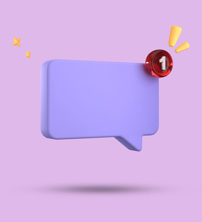 Speech bubble icon. 3d illustration isolated on violet background.の写真素材