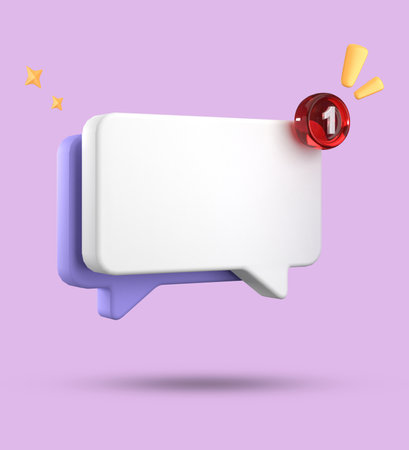 Speech bubble with red button isolated on violet background. 3d illustrationの写真素材