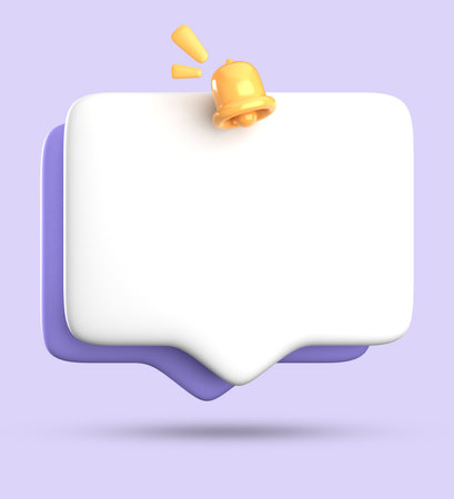 3d render of blank speech bubble with yellow bell isolated on violet backgroundの写真素材
