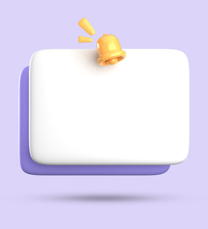 3d render of square button with bell isolated on violet backgroundの写真素材