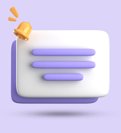 3d render of notification icon with bell isolated on violet background.の写真素材