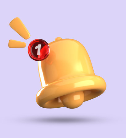3d render of ringing bell with exclamation mark isolated on violet backgroundの写真素材