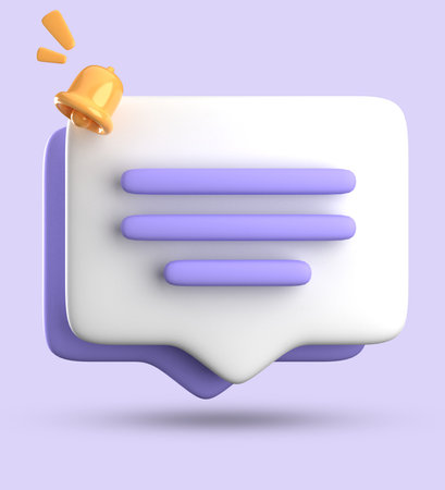 3d render of speech bubble with notification bell isolated on violet backgroundの写真素材