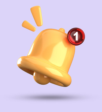 Alarm bell icon. 3D rendering isolated on violet background.の写真素材