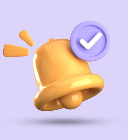 3d rendering of a golden bell with a check mark isolated on a violet backgroundの写真素材