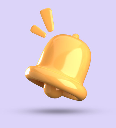 Golden bell icon isolated on violet background. 3d render illustration.の写真素材