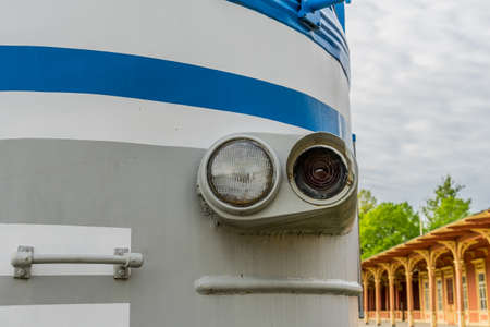 Old steam locomotive train under blue skyの写真素材