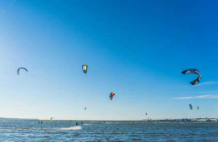 TALLINN, ESTONIA - 07.08.2017  Kite surfers on the Baltic Sea, Estonia Tallinnのeditorial素材