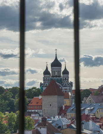 View through a lattice,Towers of Aleksander Nevski catherdral in Tallinnの写真素材