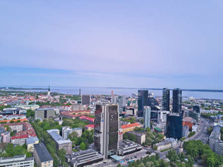 TALLINN, ESTONIA - MAY, 2018 Aerial cityscape of modern business financial district with tall skyscraper buildingsのeditorial素材