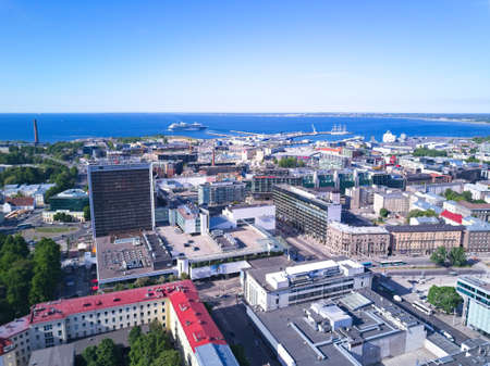 TALLINN, ESTONIA - MAY 25, 2018: Aerial cityscape of modern business financial district with tall skyscraper buildingsのeditorial素材