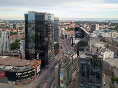 TALLINN, ESTONIA - June, 2018 Aerial cityscape of modern business financial district with tall...