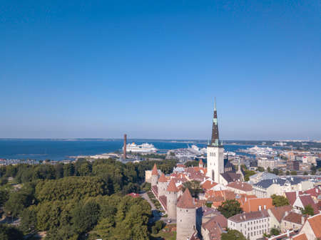 Scenic summer aerial panorama of the Old Town in Tallinn, Estoniaの写真素材