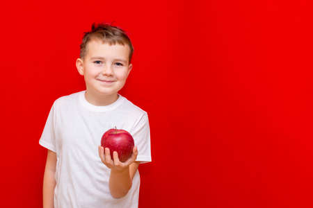 Close up European boy kid child schoolboy holds a red Apple oin his hands. Vitamins and fruits, healthy food. Prtrait of a happy beautiful child on a bright red background.の写真素材