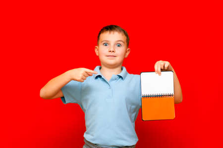 Strange cuccessful smiling calm, caucasian boy in a light blue t-shirt holds,shows with finger at blank notebook banner. Boy shows blank space. Bright red isolated studio wall.の写真素材