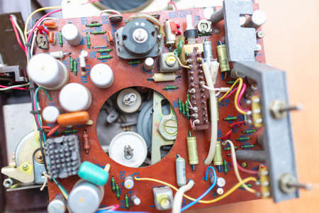 Telsiai Lithuania 10 14 2020 editorial.Top view Details of old russian dismantled cassette recorder player 80s 90s audio technologyのeditorial素材