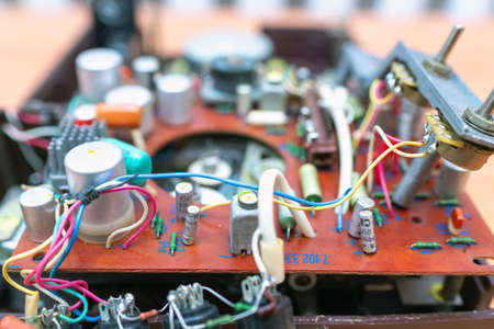 Telsiai Lithuania 10 14 2020 editorial.Details of old dismantled russian cassette recorder player 80s 90s audio technologyのeditorial素材