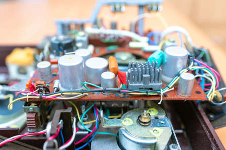 Telsiai Lithuania 10 14 2020 editorial.Details of old dismantled russian cassette recorder player 80s 90s audio technologyのeditorial素材