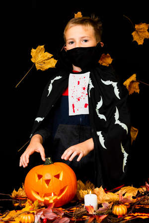 Young boy wearing face mask costume dressed as a halloween cosplay of scary dacula want to touch a jack'o pumpkin lantern on black yellow leaves background.Studio shot.の写真素材