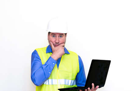 Attractive caucasian Technician Holding Laptop Over White Background.