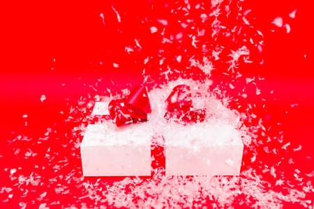christmas gift, box, xmas background, abstract imitation snowfall winter.New year concept.Studio...