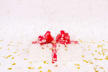 christmas gift, box, xmas background, abstract imitation paper Christmas trees.New year concept.Studio white backgroundの写真素材