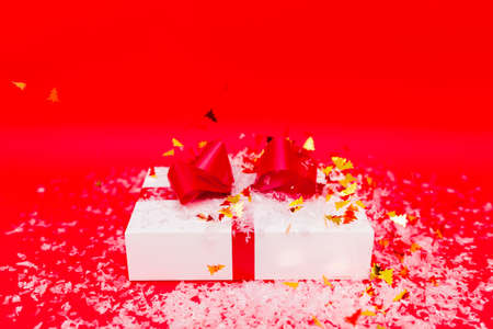 christmas gift, box, xmas background, abstract imitation snowfall winter.New year concept.Studio shot.Copy space.の写真素材