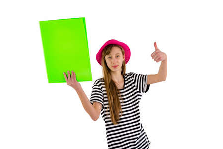 Happy girl child shows thumb up empty blank paper isolated on white background.copy space banner advertisementの写真素材