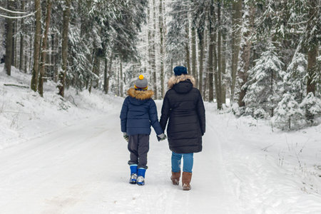 Mother and son walking together on a forest track in winter time back view.の写真素材