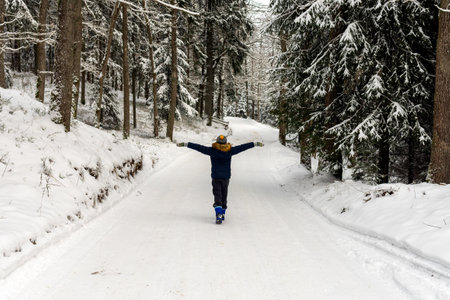 One boy happy runs in the forest or walk in the fresh winter air.の写真素材