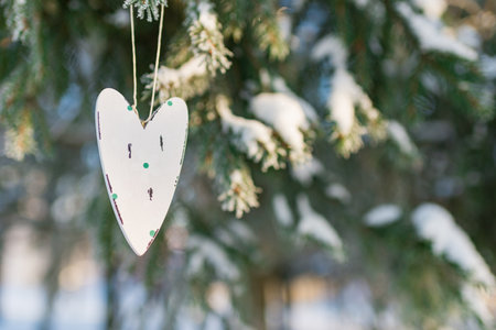 One wooden heart hung on a spruce branch at sunset evening in a winter park.の写真素材