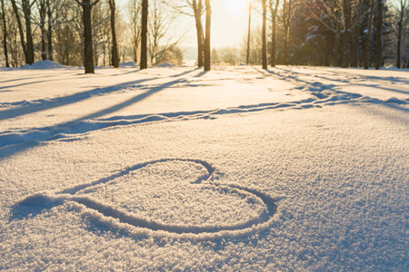 Drawn heart in a snow landscape.Winter evening sunset nice background.の写真素材