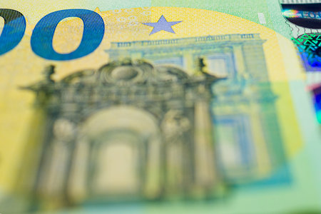 One hundred Euro bill in front side.Closeup image.の写真素材