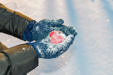 Hands in knitted warm gloves hold a red heart, against the background of snow, in winter, Valentine's day concept.の写真素材