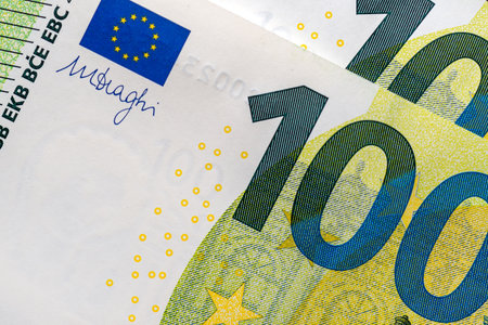 One hundred Euro bill in front side.Closeup image.