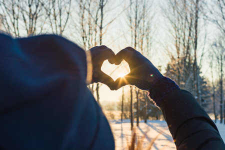 Woman making heart symbol with hands wearing gloves, sunny winter evening, sunrays, Valentines day, Love concept.の写真素材