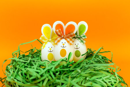 Three Easter eggs with bunny ears on nest spring yellow background.Spring Easter concept.
