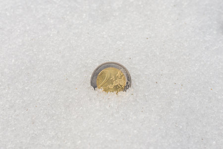 Two euro coin flat lay on a snow. The concept of the economy crisis.Copy space.